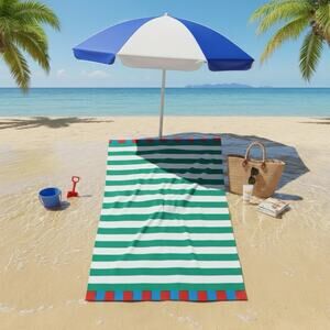 Sun Squad Striped Beach Towel Green/White 32in X 62in 100% Cotton